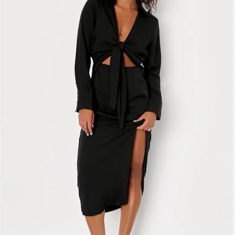 Lulu's Long Story Shirt Black Long Sleeve Tie-Front Midi Dress